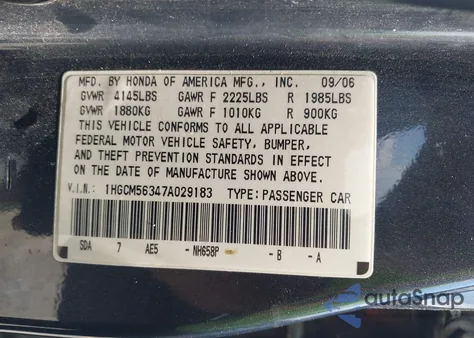 2007 Honda Accord 2.4 Se from USA, damaged, VIN 1HGCM56347A029183